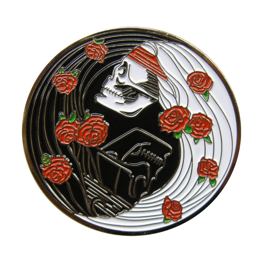 Yin Yang Hippie Skeleton Enamel Pin - 1970s Floral Rock Music Symbol Apparel NWT